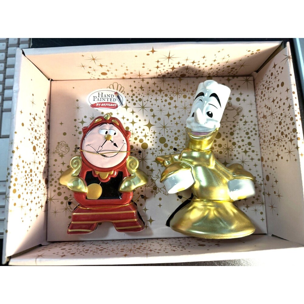 Disney's Beauty & The Beast Cogsworth Clock Lumiere Salt & Pepper Shakers NEW